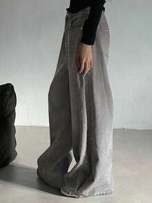 DAZY 女士做旧水洗阔腿牛仔裤 Y2k - 淺灰色 - 查看 5