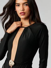 MISSGUIDED 长袖锁孔式前襟深 V 连体衣 - 黑色 - 查看 5