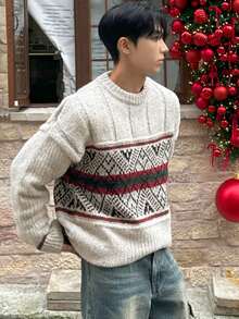 DAZY Men's Textured Jacquard Christmas Pattern Crew Neck Sweater, Autumn/Winter - Multicolor - View 1