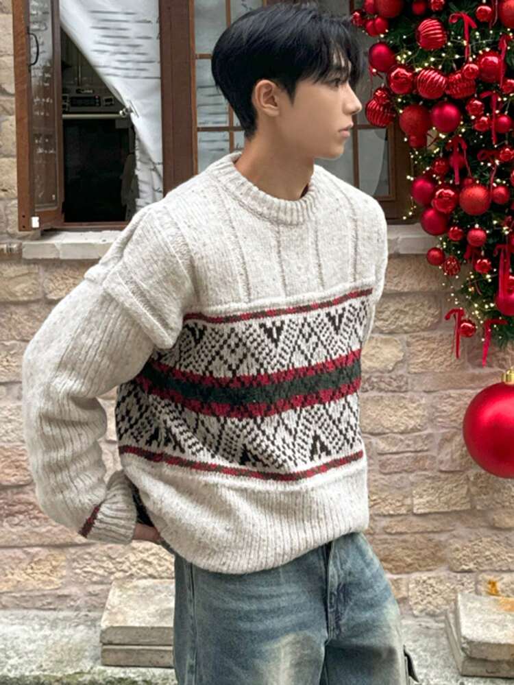 Men's Textured Jacquard Christmas Pattern Crew Neck Sweater, Autumn/Winter