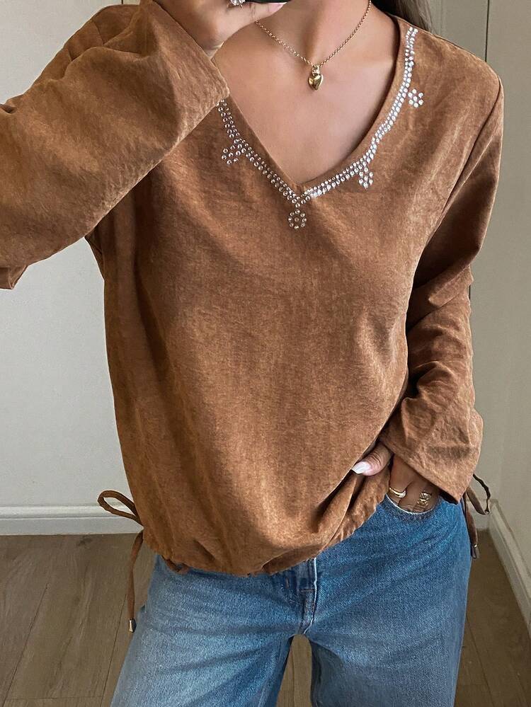 Rhinestone Trim Drawstring Hem Loose Long Sleeve Casual Outdoor Shirt For Women, Autumn/Winter