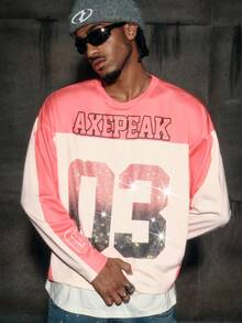 AXEPEAK Letter Print Color Block Rhinestone Decor Round Neck Long Sleeve T-Shirt - Pink - View 6