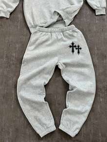 SHEIN Teen Boy Autumn New Arrival Casual Style Graffiti Handpainted Star & Letter Print Sports Streetwear Y2K Long Sleeve Hoodie Set, Suitable For Autumn/Winter Fall