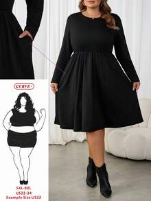 SHEIN CURVE+ Vestido casual de manga larga con cuello redondo y bolsillo, talla grande, para otoño