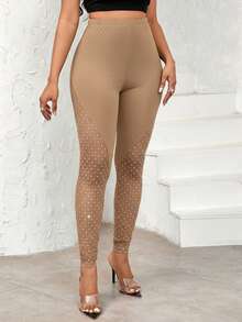 SHEIN Lady Sequined Mesh Spliced ​​Women's Leggings, Elegant And Sexy For Everyday Use In All Seasons Mesh Leggings Rhinestone Pants See Through Leggings Tights See Through Pants Mesh Pants - Brown - View 5