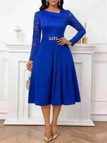SHEIN Lady 女式不对称领口撞色蕾丝长袖优雅中长连衣裙 - 寶藍色 - 查看 5