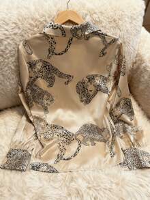 Franclia Áo sơ mi nữ tay dài cài nút họa tiết da báo satin thanh lịch, thoải mái và bóng bẩy, thích hợp mặc khi đi làm hàng ngày, đi làm, đi hòa nhạc, tiệc tùng, mặc trong nhà và ngoài trời, mùa xuân/thu - Nhiều màu - Xem 2