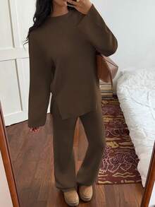 SHEIN Unity Conjunto de dos piezas de suéter de punto de unicolor y pantalones casuales para mujer, otoño/invierno - Marrón Chocolate - Ver 4