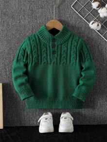 SHEIN 男童纽扣半襟长袖休闲套头衫，秋冬 - 墨綠色 - 查看 5