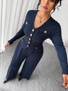 SHEIN Elenzya 加大码针织修身常规纹理 V 领长袖上衣和裤子优雅 2 件套 - 霧霾藍 - 查看 6