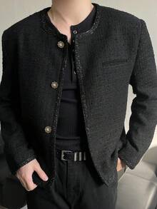 DAZY Men's Solid Color Textured Fabric Short Jacket, Autumn/Winter - Black - View 5