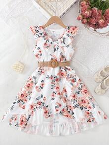 SHEIN Young Girl Floral Print Dress With Ruffled Hem Summer Holiday - Multicolor - View 1