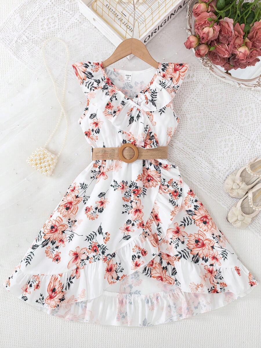 SHEIN Young Girl Floral Print Dress With Ruffled Hem Summer Holiday - Multicolor - View 1