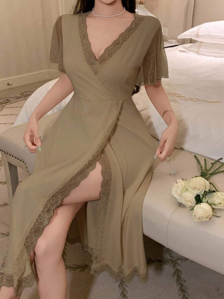 DAZY Knit Patchwork Polka Dot Mesh Short Sleeve Women's Nightgown - Khaki - View 1