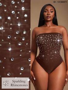 Radiana Plus Rhinestone Detail Tube Bodysuit - Coffee Brown - View 1