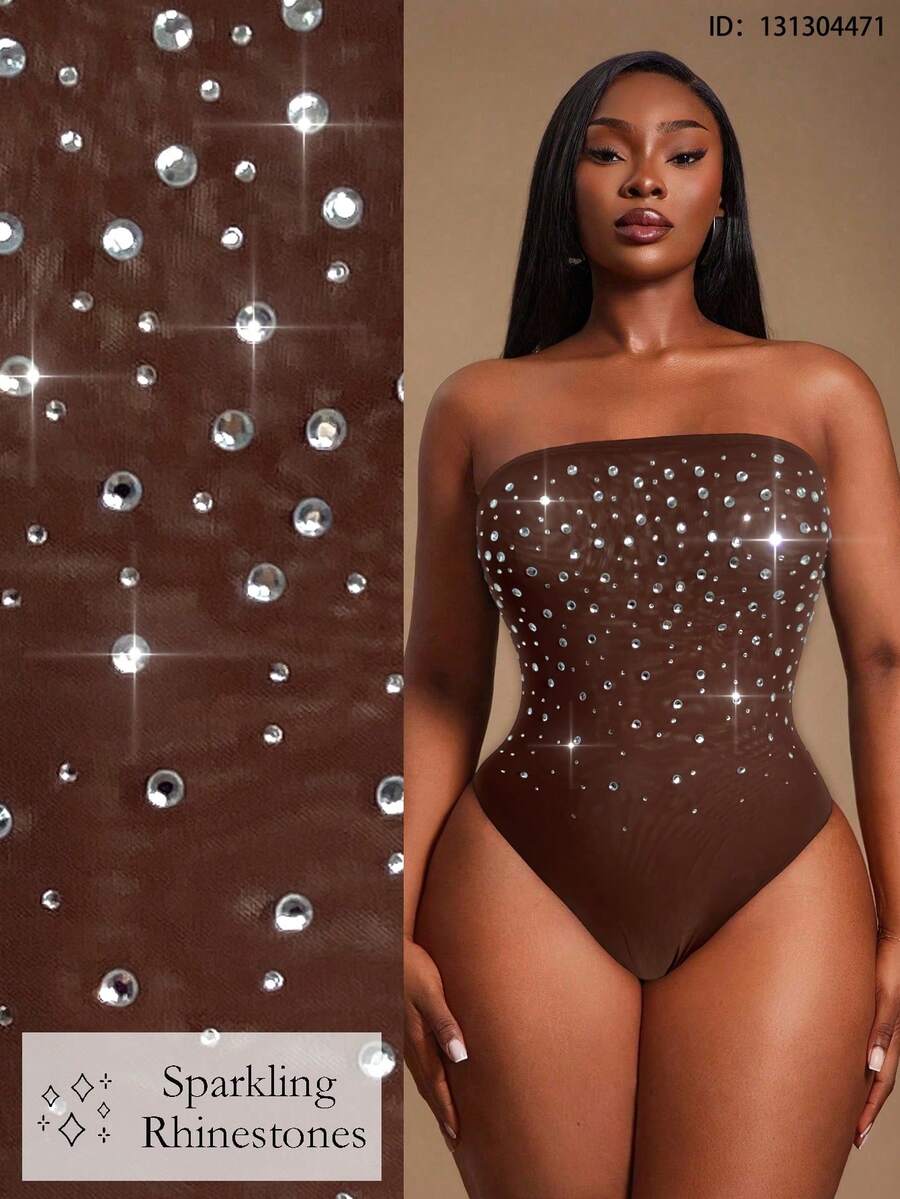 Radiana Plus Rhinestone Detail Tube Bodysuit - Coffee Brown - View 1