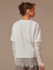 Athîral Elegant Women's White Knitted Long Sleeve Top Round Neck Drop Shoulder With Extended Lace Sheer Panel And Long Length, Lace White Top, Lace Long Sleeve - White - View 2