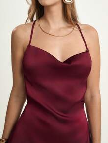 CAJUNI 女式纯色低胸露背交叉设计性感吊带迷你连衣裙 - 酒紅色 - 查看 6