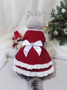 PETSIN 猫咪圣诞宠物裙 - 红色圣诞老人风格，配白色蝴蝶结和褶边