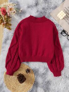 青少年女孩休闲针织长袖开衫上衣 - 紅色 - 查看 2