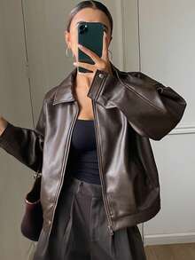 DAZY 女士休闲皮夹克，常规版型，秋季女式外套 - 咖啡棕 - 查看 1