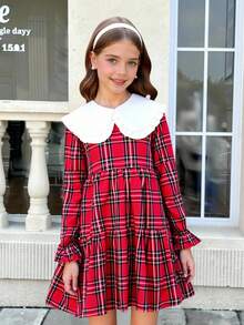 SHEIN Serisse Kids 女童拼色超大领口宽松A字长袖格子连衣裙，圣诞格子连衣裙 - 紅色 - 查看 5