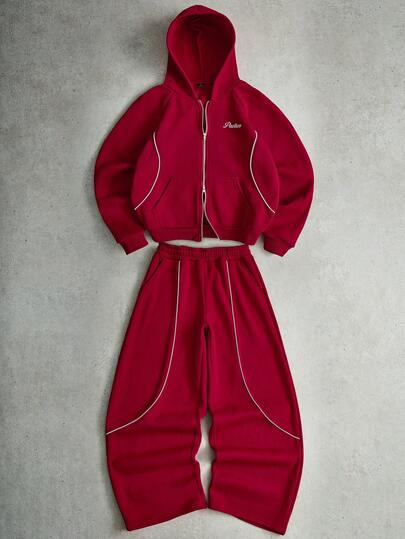 PAVTROS PAVTROS Manfinity Streetrush Men's Street-Style Popular INS Matching Raglan Sleeve Hoodie & Loose Sweatpants Set, Embroidered English Logo, Suitable For Outdoor Music Festivals, Daily Wear, Hangouts With Friends, Boyfriend/Husband Gift, Anniversary Gift,Streetwear,Warm Winter Outfits, Christmas Outfits,Boy Friend Gifts,Red Co-Ords Men Y2k Clothes Hoodie And Sweatpants Set For Men Jogging Suits Y2k Tracksuit Men's Sweatsuit Set For Fall