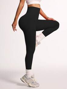 Slayform 2 chiếc quần legging thể thao cạp cao liền mạch màu trơn cho nữ - màu đen - Xem 3
