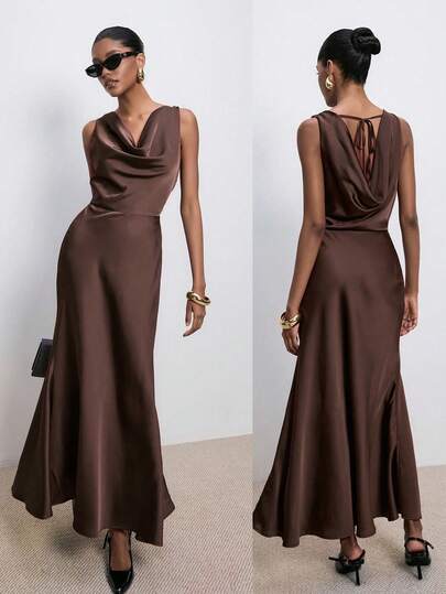 ATUI Studio Women's Party Gathering Elegant Fashion Sexy Backless Halter Neck  Sexy Minimalist Solid Brown Neckline Sleeveless Dress, Christmas Party Dress, New Year Outfit,Elegant Dresses For Party,Wedding Guest Dress,Brown Dress, Christmas Outfit For Women,New Year Look,Party Outfit ,Thanksgiving Outfits, Effortless Chic Essential, Casual Versatile Business Wear, Old Money Aesthetic, Minimalism Essential