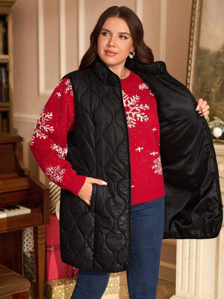 Plus Size Solid Color Pocketed Zip-Up Sleeveless Padded Coat, Casual For Autumn/Winter Christmas Pajamas Christmas Clothes New Year Clothes Winter Clothes For Women Women's Winter Coat