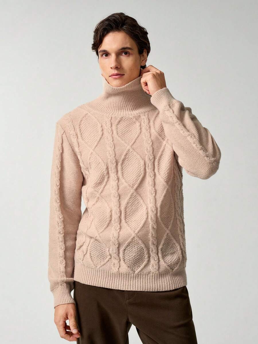 RONVEXI Men's Casual Solid Color Turtleneck Sweater, Winter, Long Sleeve Top - Apricot - View 1