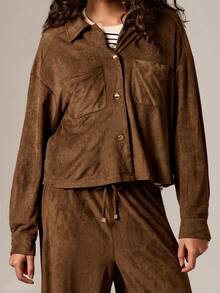 AiiRZ Faux Suede Oversized Button Front Shirt Jacket With Chest Pockets Fall Winter Outerwear - Brown - View 5