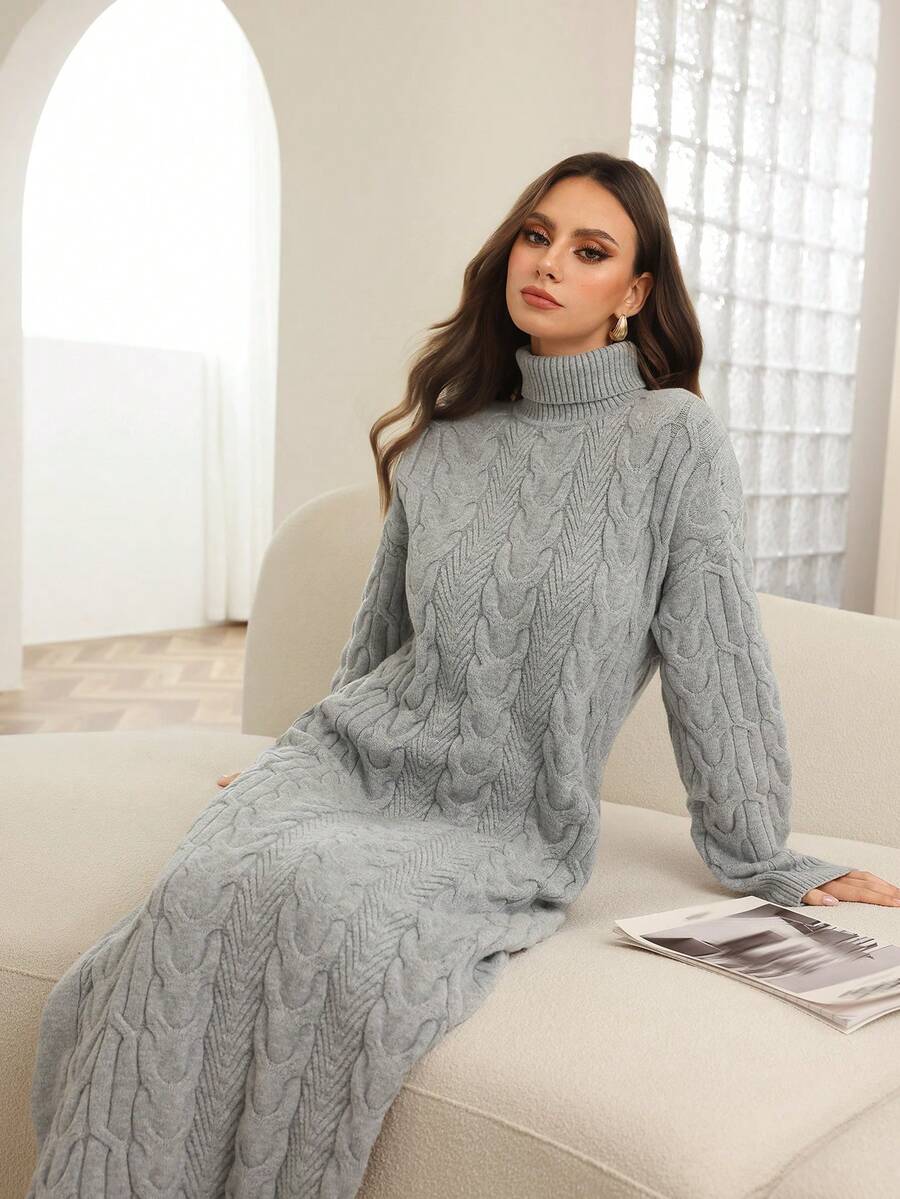 Mulvari Women's Casual Mid-Length Turtleneck Twist Knit Sweater Dress