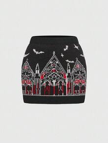 ROMWE Gothic Palace Castle Church Pattern Knitted Bodycon Mini Skirt - Black - View 9