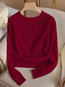 Franclia 优雅圆领针织T恤，简约时尚针织上衣，秋冬