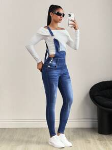 SHEIN Tall Distressed Pocket Washed Denim Skinny Bib Overall Jumpsuit - Dark Wash - View 5