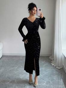 Modelyn Women's Velvet Patchwork Long Sleeve Twist Pleated Bodycon Dress, Autumn/Winter - Black - View 5