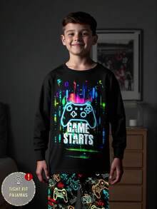1套青少年男孩夜光电子游戏控制器印花舒适圆领长袖上衣和长裤睡衣套装 - 黑色 - 查看 3