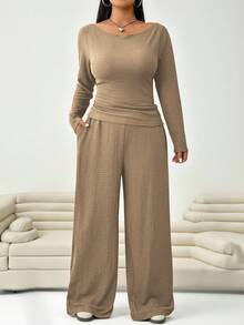 Solflare 2 Pieces Textured Plus Size Khaki Solid Color Slim Fit Casual Outfit, Stylish Daily Wear - Khaki - View 4