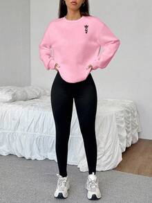 SHEIN EZwear Bộ 2 áo nỉ cổ tròn in họa tiết hình xẻng đen tối giản giản dị và quần legging bó, phù hợp cho mùa thu/đông - Nhiều màu - Xem 7