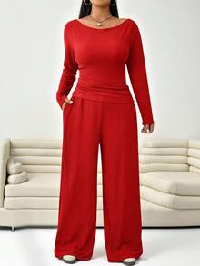 SHEIN EZwear 2件套加大码纹理红色圆领长袖上衣和裤子套装 - 紅色 - 查看 4