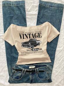 复古风格休闲女式露肩褶皱紧身短袖 T 恤，带有复古汽车字母印花，适合春夏季 - 杏色 - 查看 1