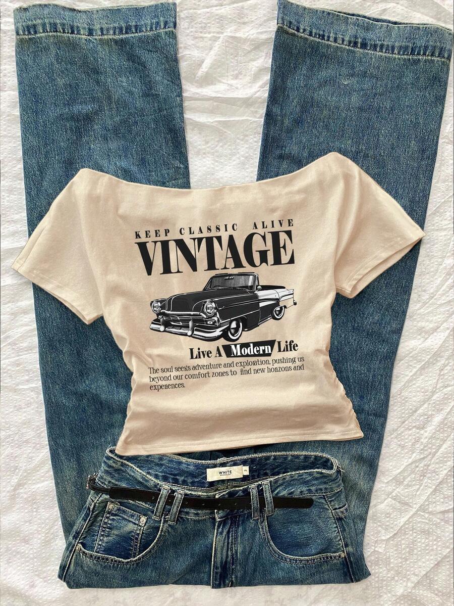 Áo thun nữ tay ngắn ôm sát, hở vai, họa tiết ô tô cổ điển, phong cách cổ điển, phù hợp cho mùa xuân/hè - Màu be - Xem 1