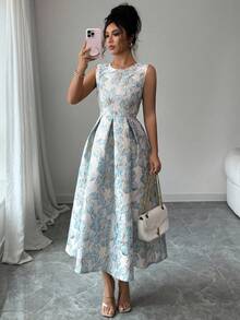 Elenzga Robe d'été élégante à plis jacquard sans manches pour femmes