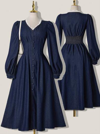 SHEIN MOD 女式 V 领灯笼袖褶饰腰牛仔连衣裙