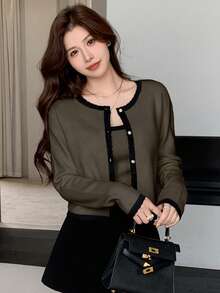 DAZY Bộ 2 áo len cardigan không tay màu tương phản thanh lịch dành cho nữ, mùa thu - Cà phê nâu - Xem 4