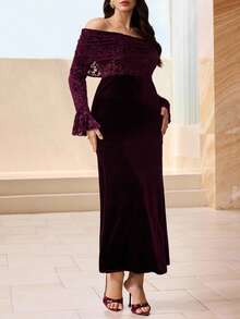 Modelyn Plus Size Women Elegant Velvet Patchwork Off Shoulder Mermaid Hem Flare Sleeve Long Dress, Suitable For Party, Autumn/Winter - Red - View 4