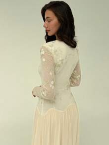 Aloruh Women's Solid Color Embroidered Mesh Patchwork Elegant Long Sleeve Dress - Apricot - View 2