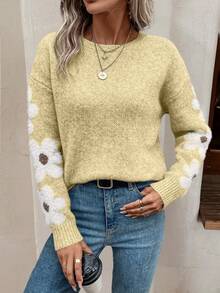 SHEIN LUNE Sweater Pullover Lengan Panjang Leher Bulat Motif Bunga Kasual Wanita - Aprikot - View 3