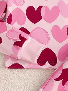 女童舒适修身拉绒高弹力罗纹针织心形图案长袖上衣搭配全长裤套装 - 中紫紅色 - 查看 5